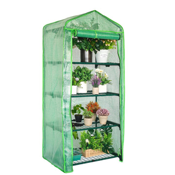 4 Tier Mini Greenhouse - Portable Indoor Outdoor Green House with 24lbs Per Shelf, Durable PE Cover & Tool-Free