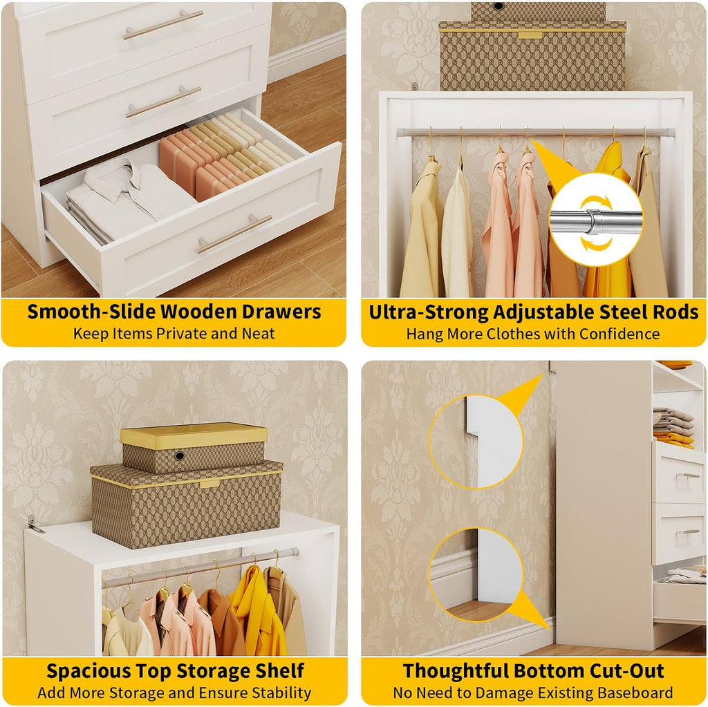 Closet System of 2 Sets with 6 Drawers, 4FT-10FT Modular Closet Organizer Systems Shelving, Wood Closet Systems for