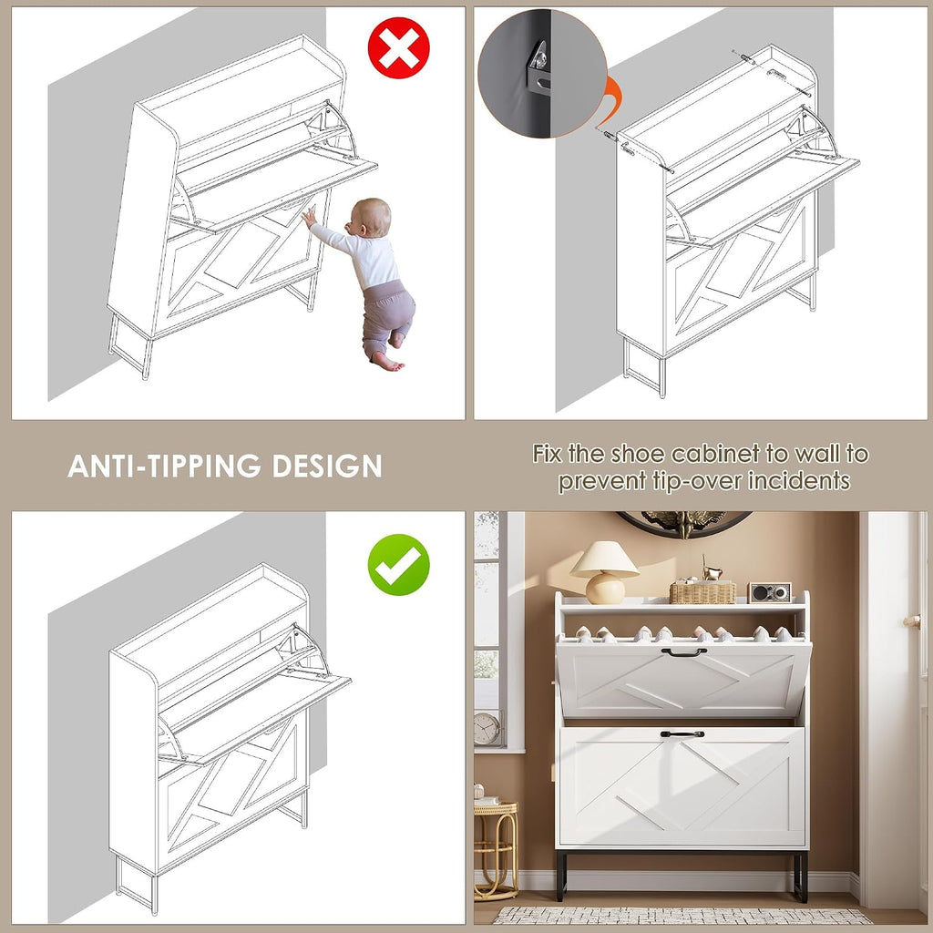 Shoe Cabinet with 2 Flip Drawers, Freestanding Shoe Organizer, Shoe Cabinet with Metal Legs, Narrow Shoe Rack Cabinet