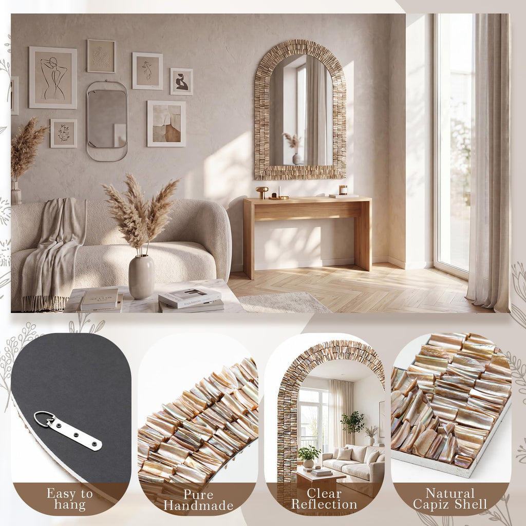Large 36" x 24" Capiz Shell Mirror Arched Coastal Seashell Wall Decor