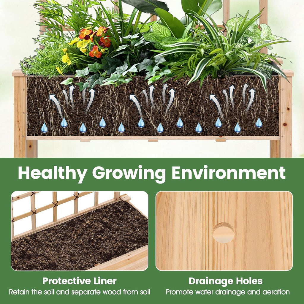 65'' Wooden Raised Garden Bed w/Trellis on Wheels, Mobile Elevated Planter Box w/Legs, Liner & Drainage Holes for