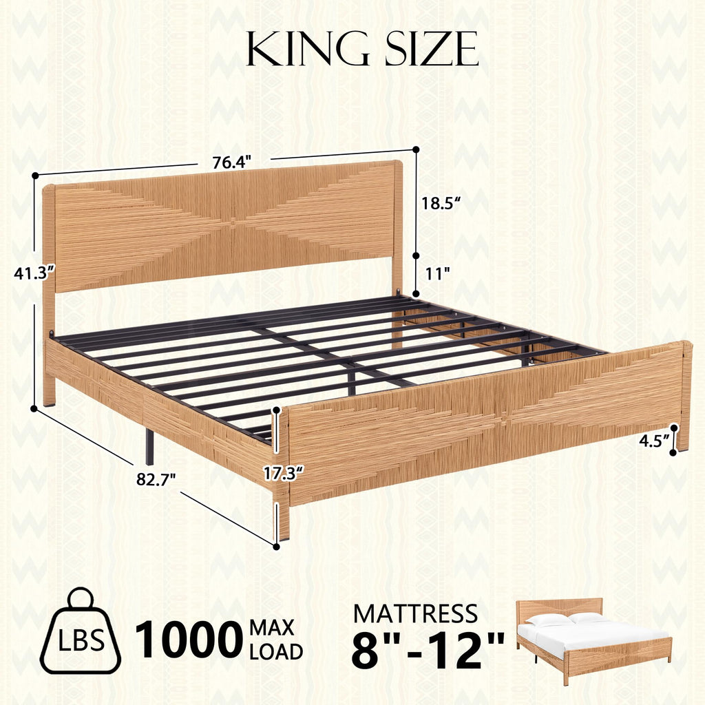 Hand-Woven PE Rattan Bed Frame with Headboard and Footboard, Boho Mid Century Modern Bedframe with Vintage
