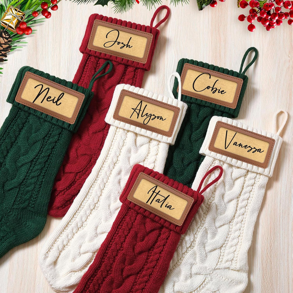 Personalized with Leather Patches Name Family Christmas Stockings, 18.5" Large Knitted Xmas Stockings - Set of 4