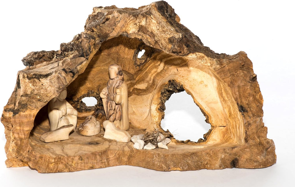 Christmas Nativity Set Indoor - Nativity Scene in Manger Carved Inside of a Solid Piece of Olive Wood Branch - Wooden
