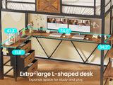 Stairway Twin Loft Bed with L Shaped Desk and Wardrobe, Metal Loft Bed Frame with Storage Stairs, 3 Fabric Drawers