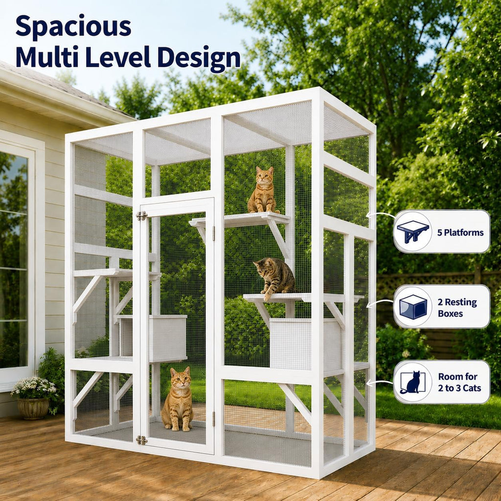 70" Large Catio Indoor Cat Enclosure, Wooden Patio Cat House, White