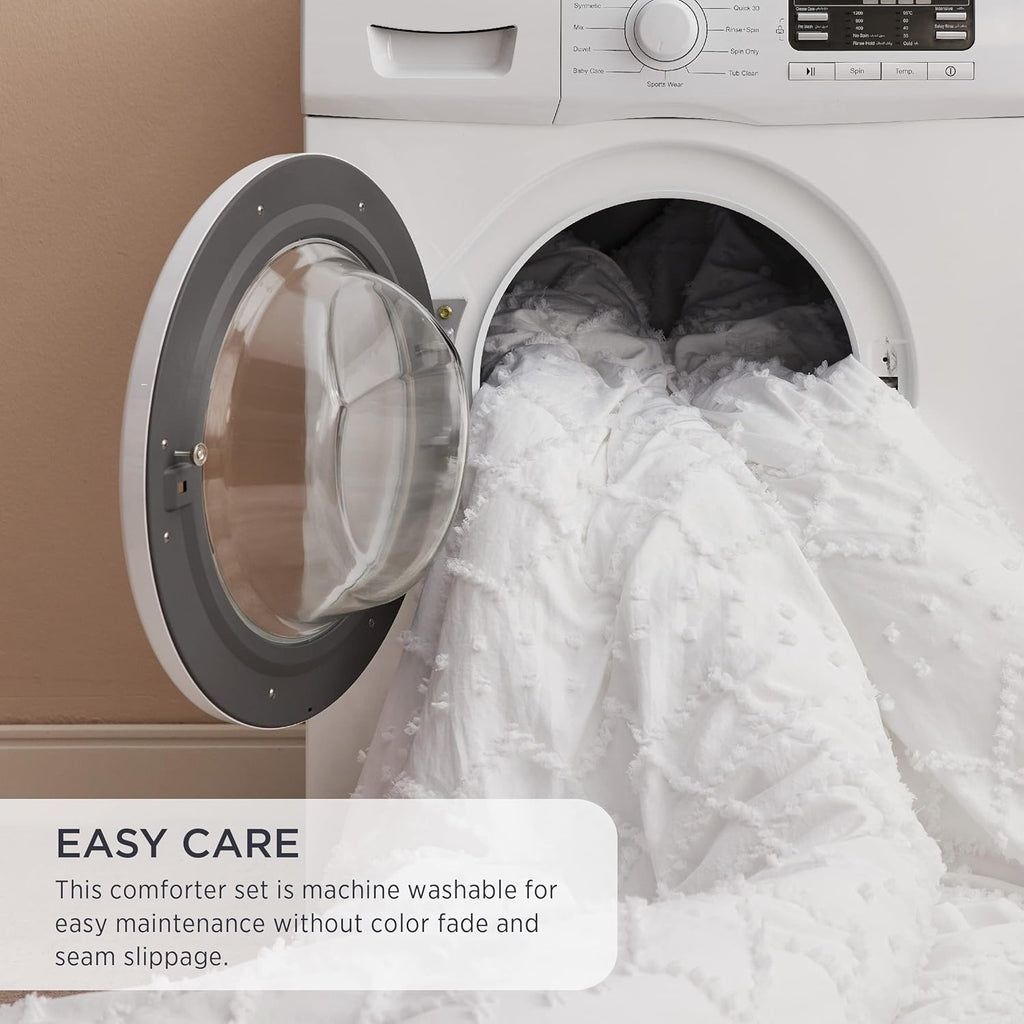 Queen Comforter Set - White Comforter, Boho Tufted Shabby Chic Bedding Comforter Set for Kids