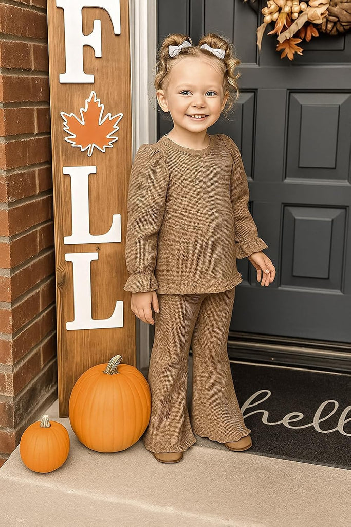 Toddler Girl Fall Outfits piece Baby Lantern Sleeve Shirt and Flared Pant Clothes Set Waffle Clothing for Girls