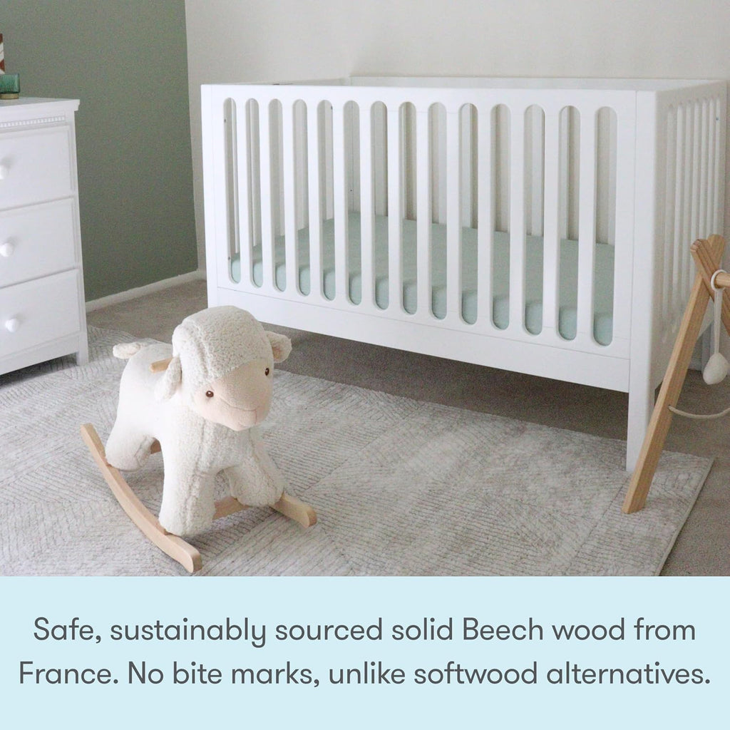 Galileo Standard Crib, Solid Beech Wood in White Color, 3-in-1 Convertible Crib with Toddler Bed Conversion Kit