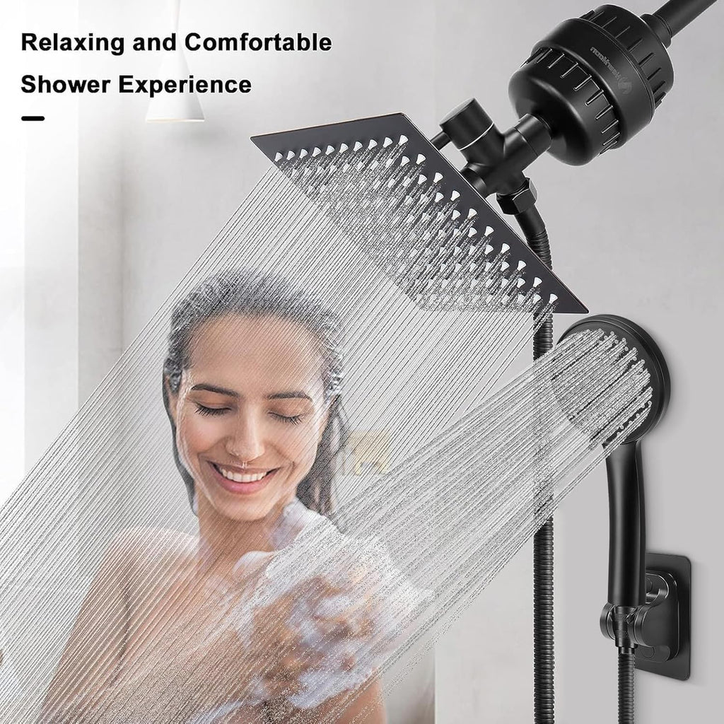 Filtered Rain Shower Head, High Pressure 8′′Square, and 5 settings Handheld Shower Filter Combo with Self-adhesive