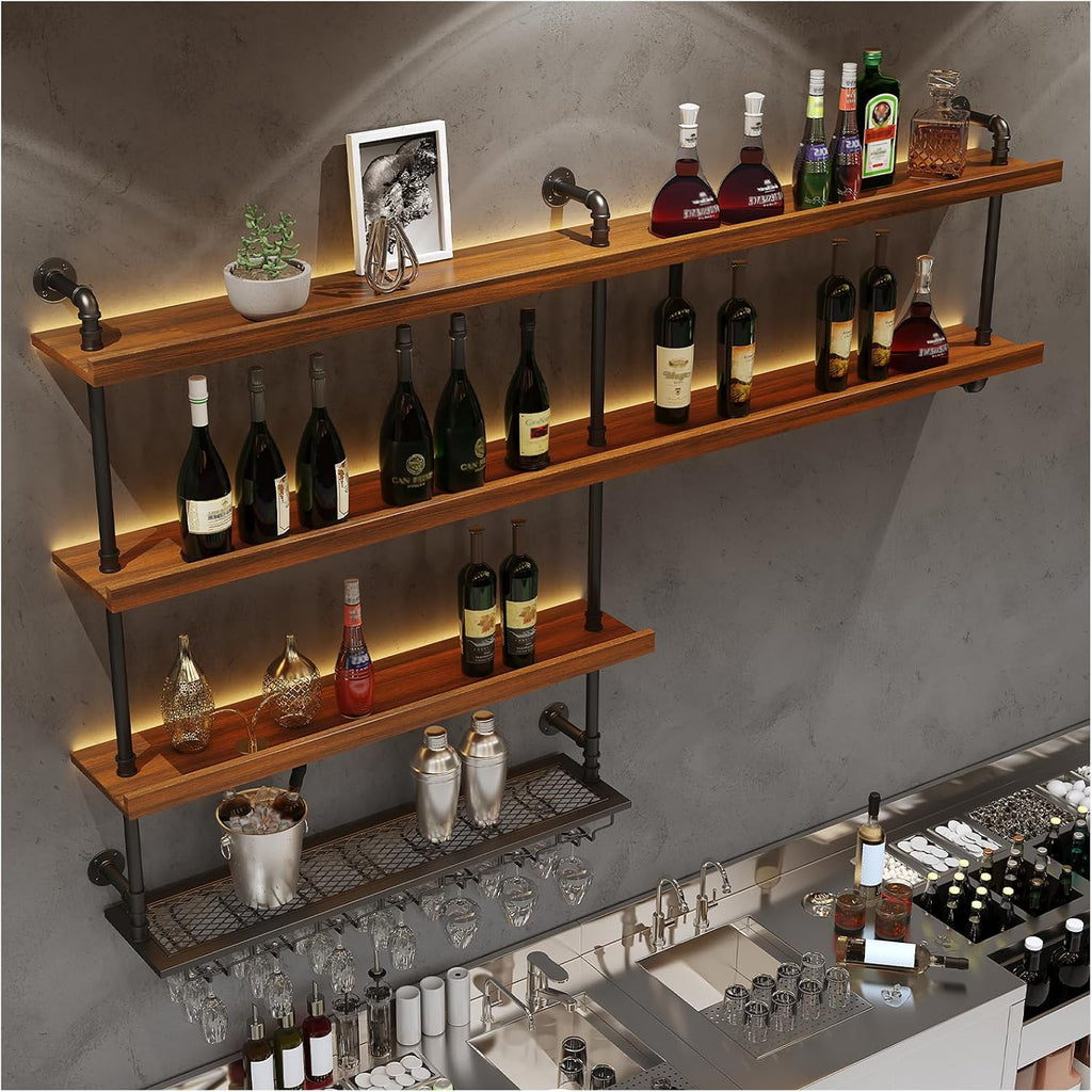 Solid Wood LED Wall Mounted Wine Rack (39.4 in/ 100CM) | 4 Tiers Liquor Bottles Floating Shelves with Glass Holder