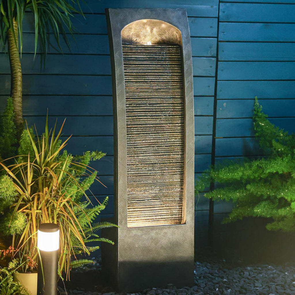 Modern Indoor Water Fountain Curved Faux Slate Waterfall Fountain with LED Lighting, 42.5-Inch Tall Tiered Waterfall