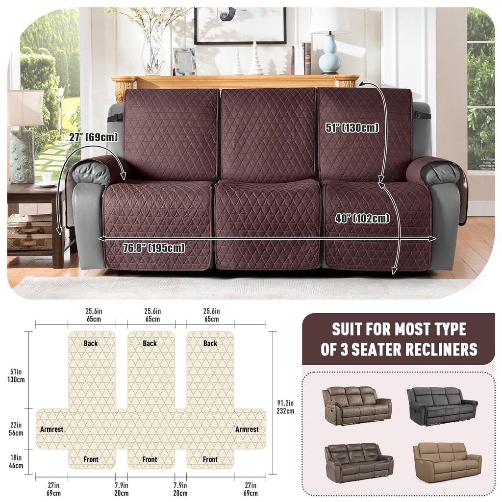 100% Waterproof Reclining Couch Cover for 3 Seater Recliner Sofa