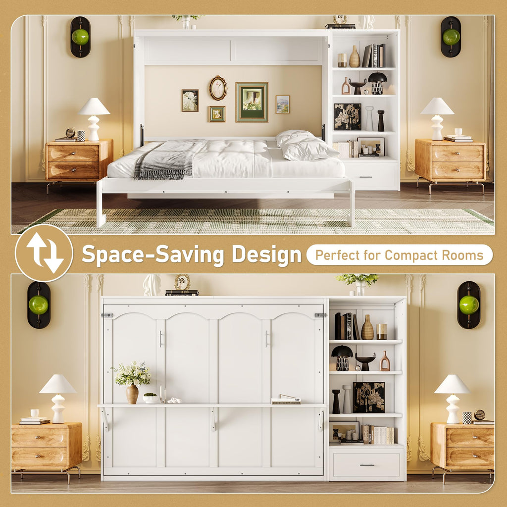 Queen Size Murphy Bed with Height Adjustable Storage Compartments and Shelf, Wall Bed Frame with 1 Drawer, Foldable
