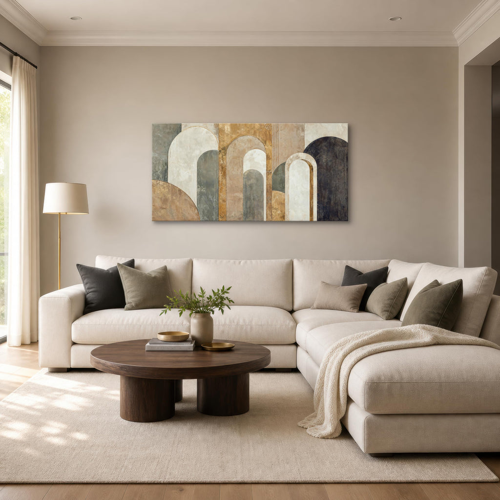 Large Neutral Abstract Canvas Wall Art, 58 x 29 Inch Geometric Arch Print in Beige, Sage and Muted Gold Tones