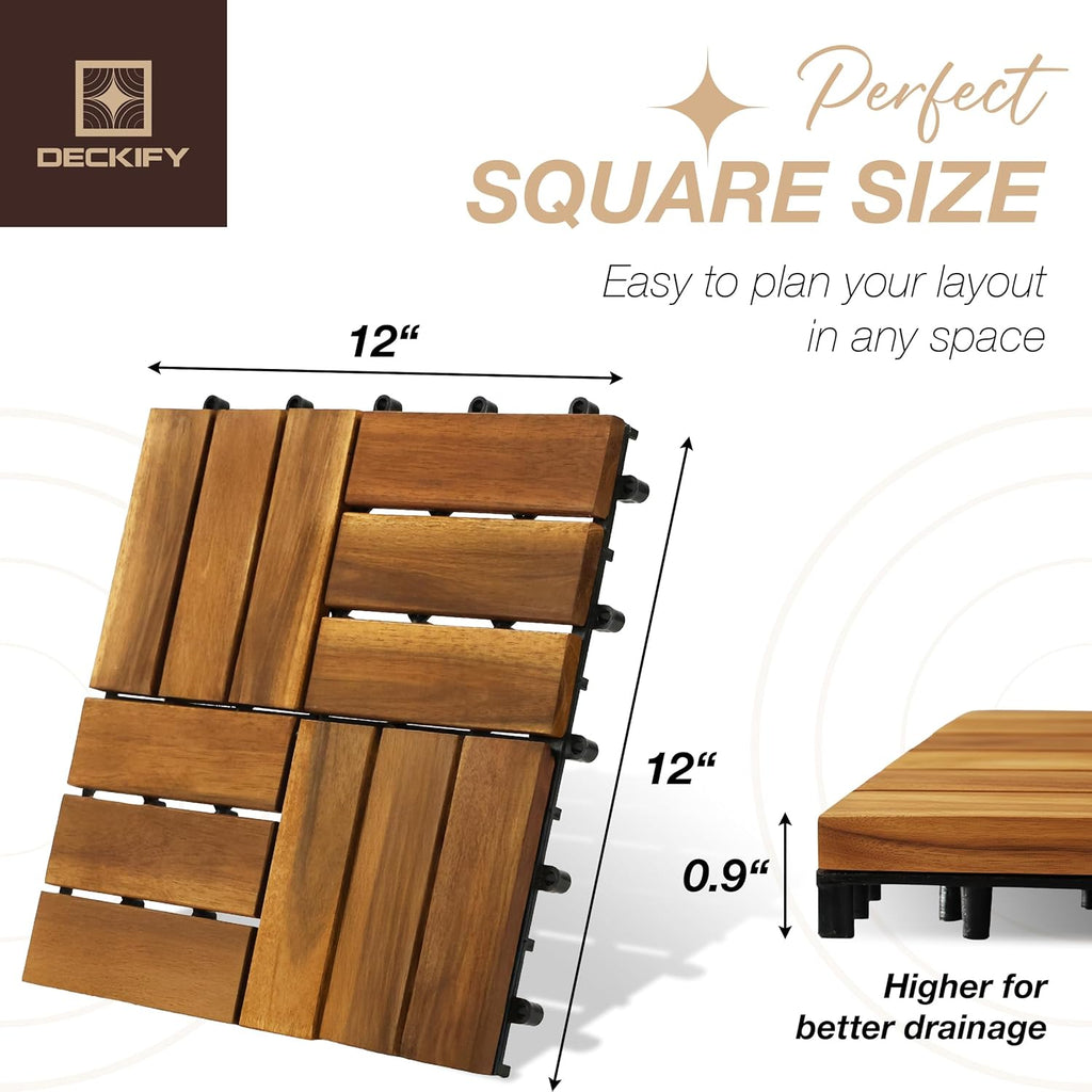 9Pcs Acacia Wood Interlocking Patio Deck Tiles, 12 x 12 x 0.9 Inch Outdoor Flooring, Waterproof for All-Weather Use