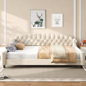 Queen Daybed with Tufted Button Headboard, Velvet Upholstered Daybed Frame for Teens Adults, Beige