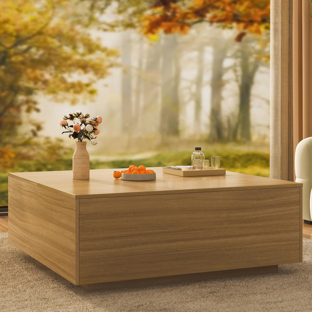 47 Inch Large Square Coffee Table with Storage, Wooden Coffee Table((OAK)