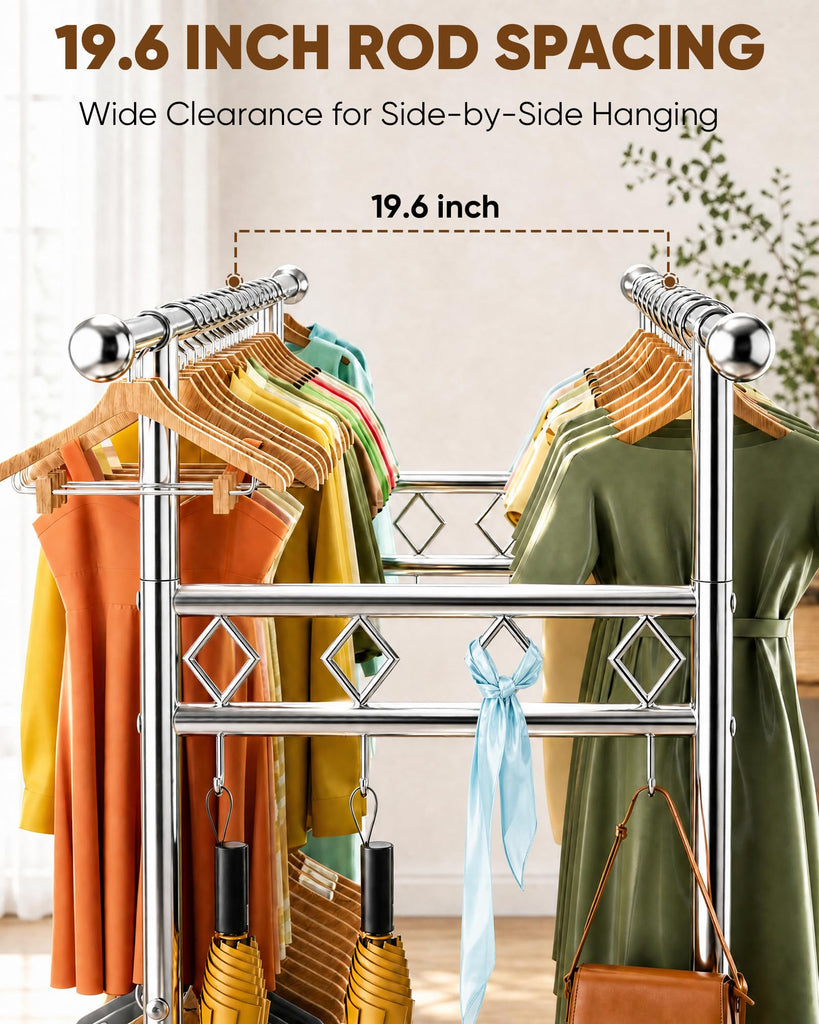 Large Clothes Rack with Shelf Loads 1100lbs, Four Rods Garment Rack, Silver