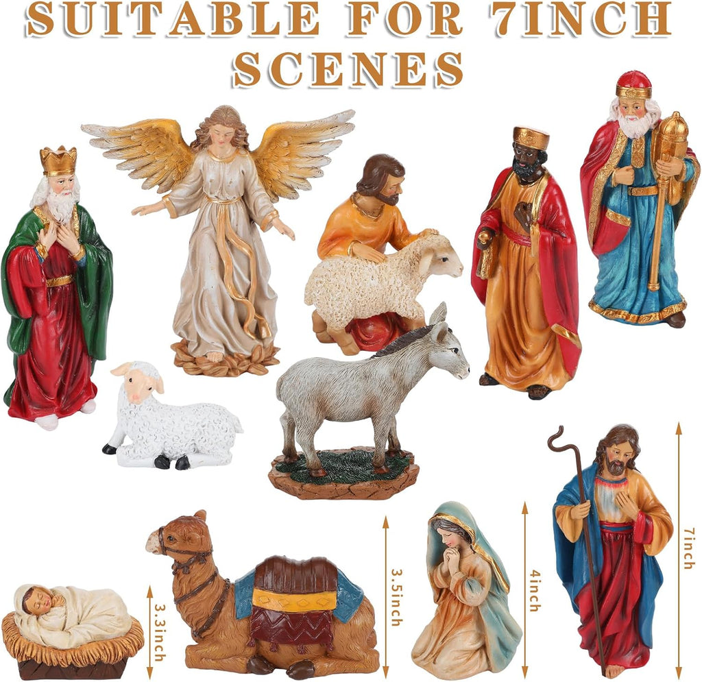 12 Pcs Nativity Sets for Christmas Indoor,7 Inch The Life Christmas Nativity Scene Figures Jesus,Stable,Palm Tree