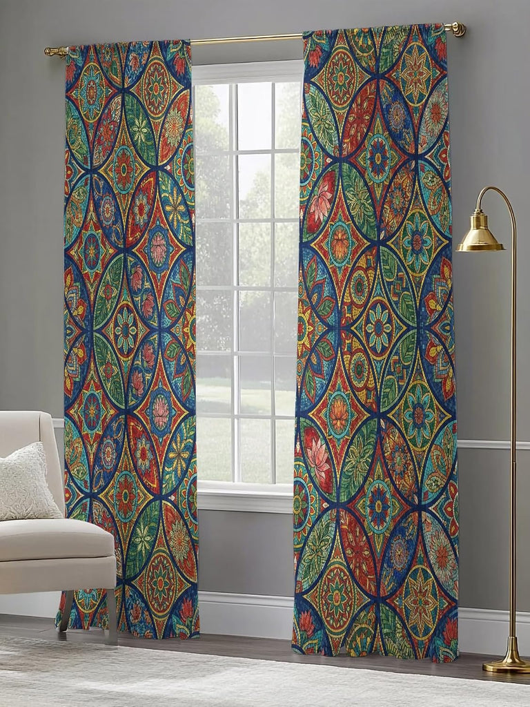 Vintage Boho Sheer Curtains 96 Inch Length 2 Panels, Ethnic Floral Geometric Green Blue Red Voile Kitchen Curtain Set