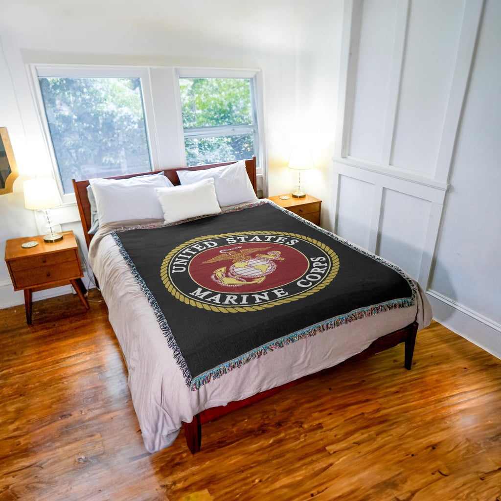 US Marine Corps - Emblem Blanket - Gift Military Tapestry Throw Woven from Cotton - Made in the USA (72x54)