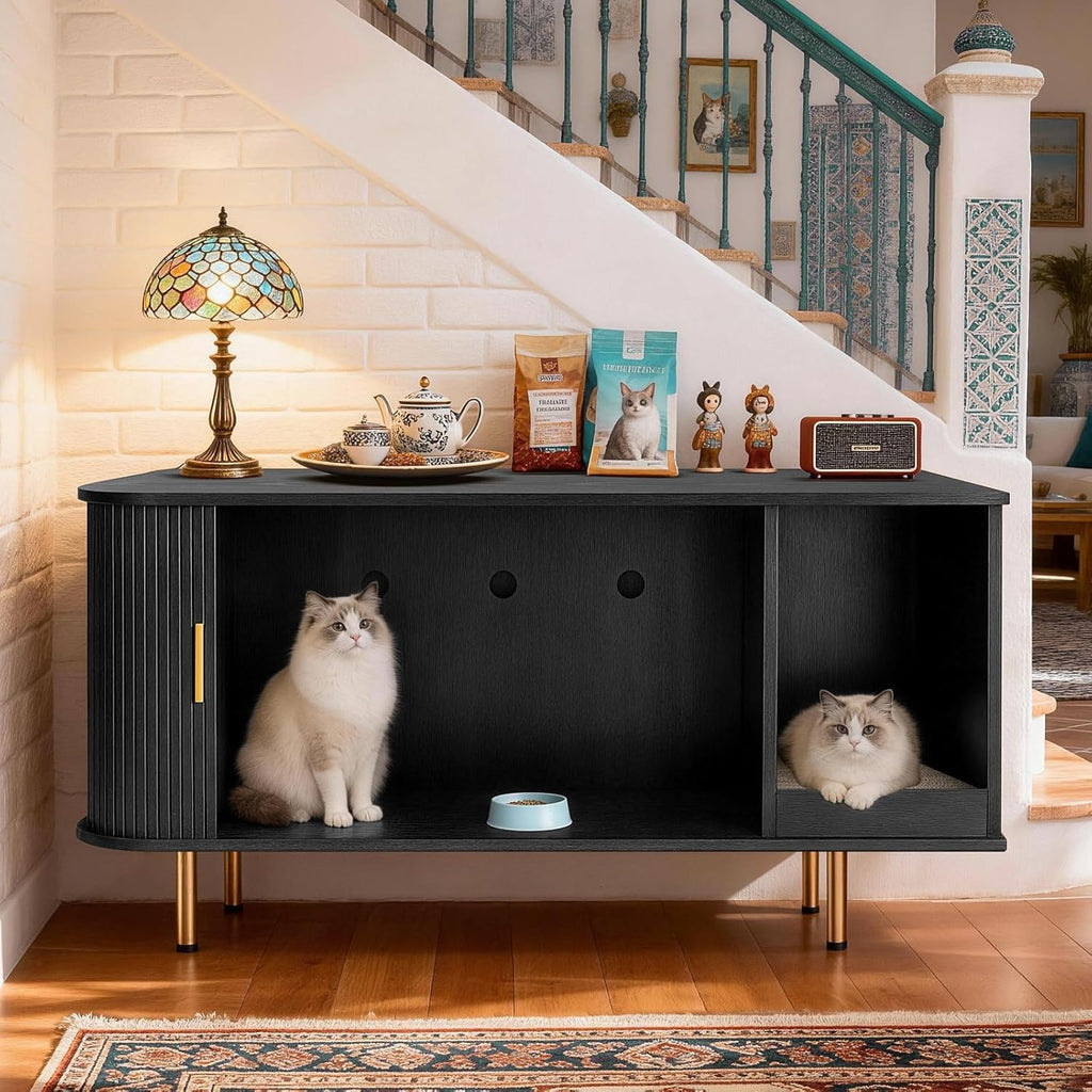Cat Litter Box Enclosure with Scratch Pad, Sliding Door, 38.5" Cat Litter Furniture Hidden Litter Box Cabinet, Modern