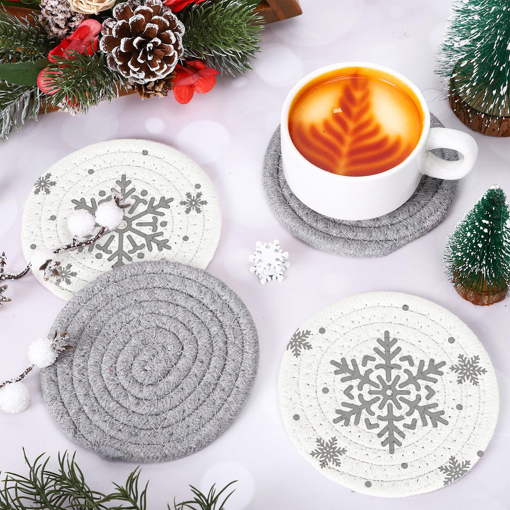 Winter Snowflake Handmade Braided Cotton Coasters Christmas Grey Snowflake Drink Coasters Absorbent Cup Coasters for