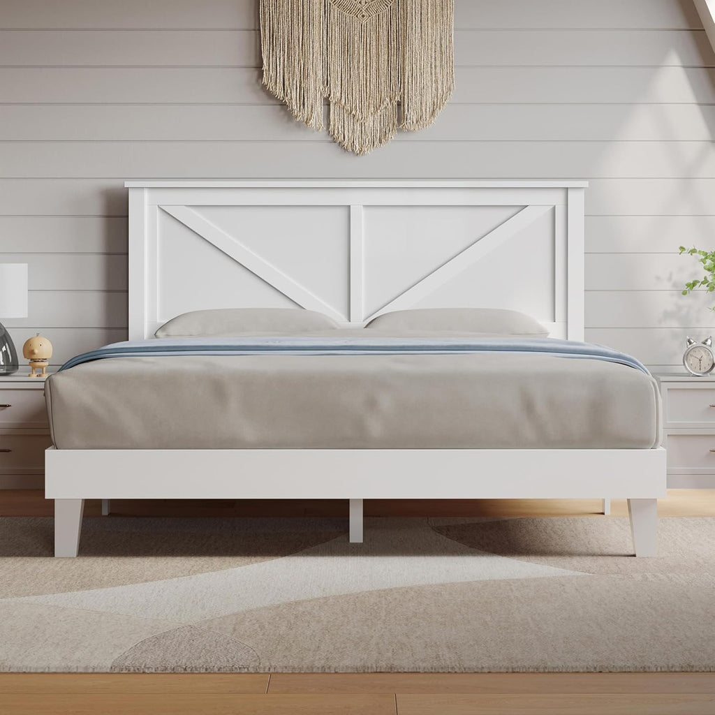 Wood Bed Full, Farmhouse White Rubberwood Platform Bed Frame with V-Designed Headboard, Sturdy Wooden Support Slats