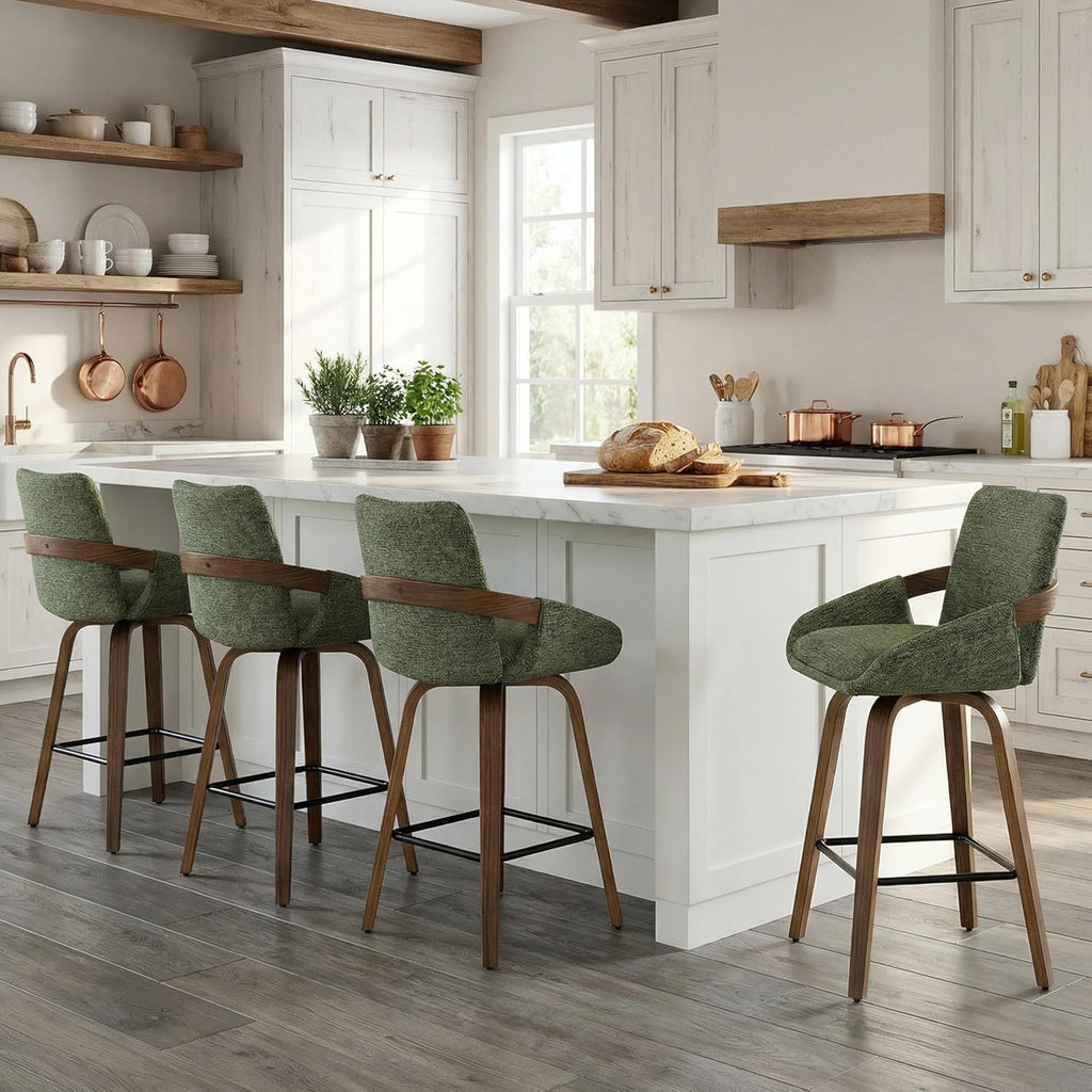 Counter Height Swivel Bar Stools Set of 2, 26" Linen Fabric Counter Stools with Walnut Bentwood Back, Cozy