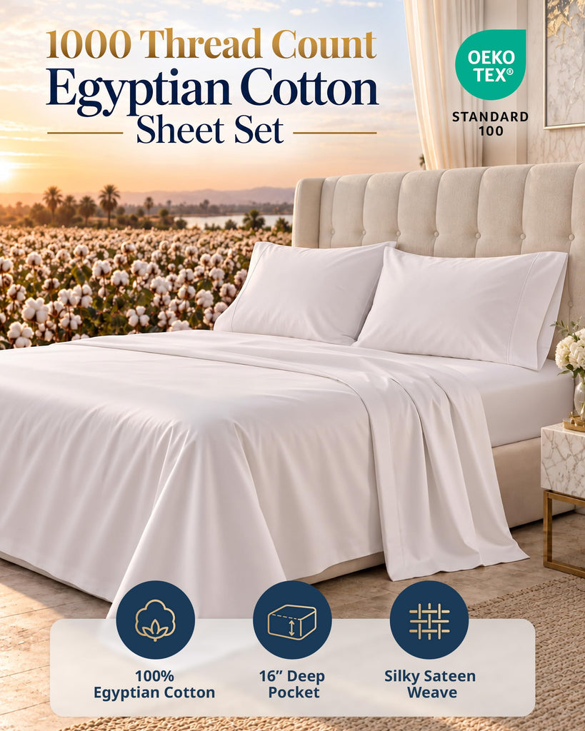 Full Size Sheets 1000 Thread Count 100% Egyptian Cotton - White