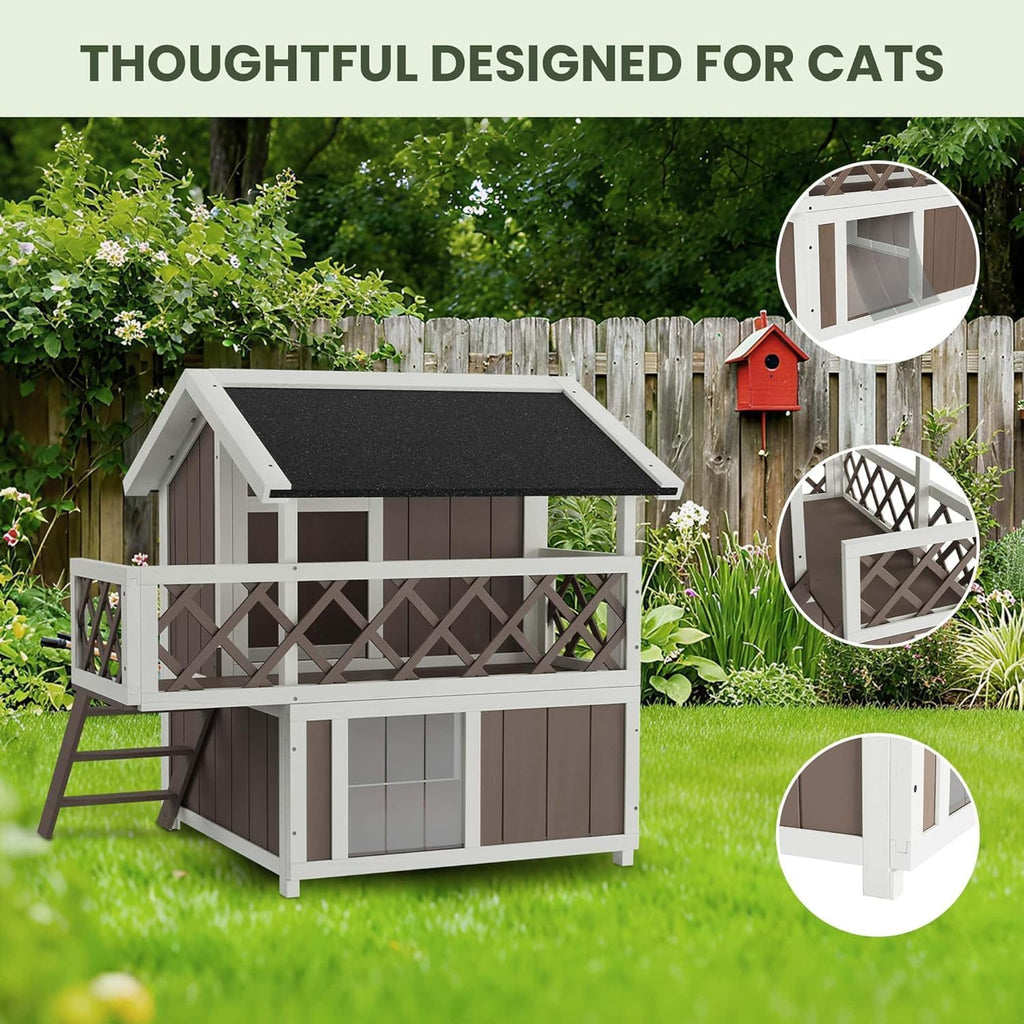 Weatherproof 2-Story Outdoor Cat House with Balcony - Multi-Level Wooden Condo - Escape Door - Removable Asphalt Roof