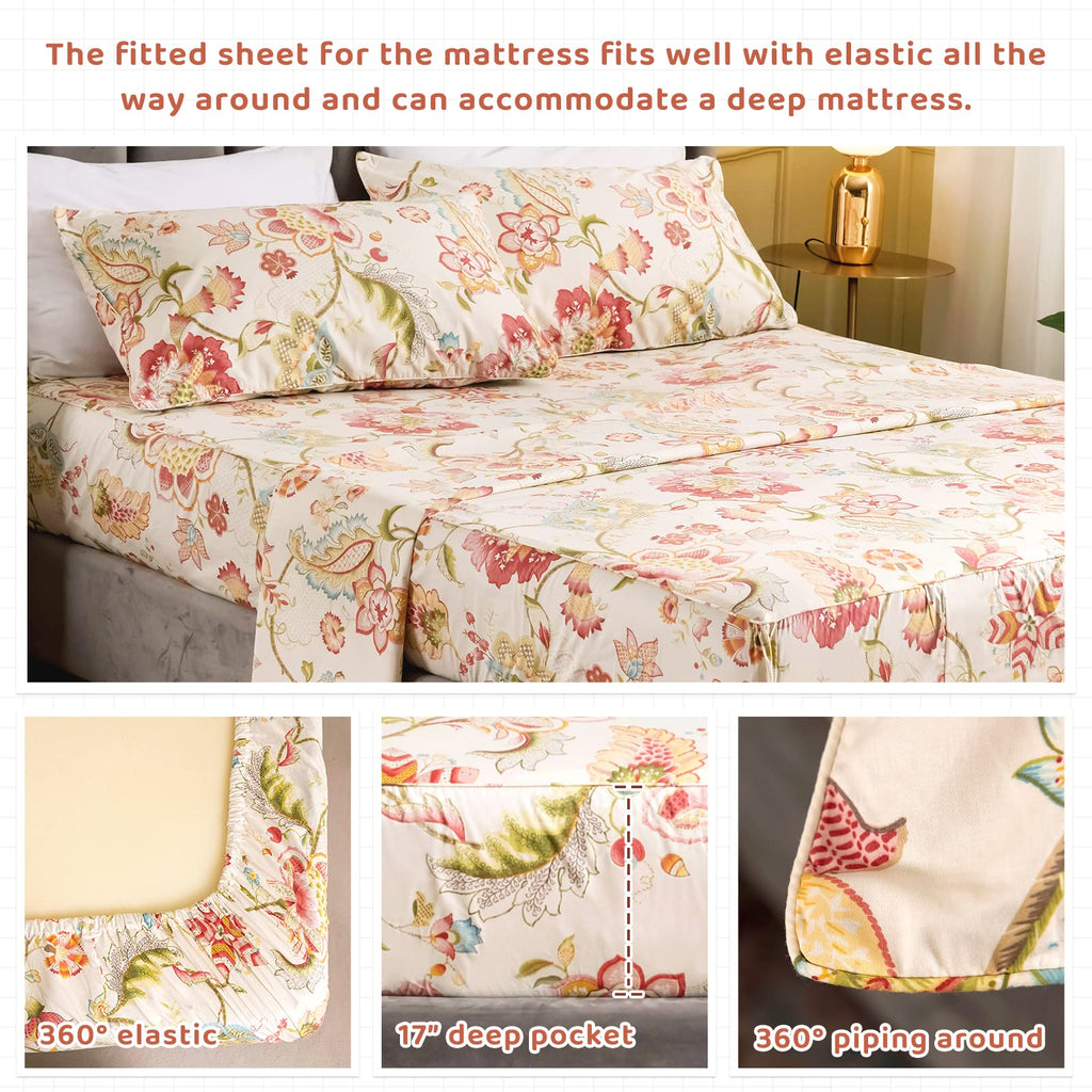 Floral Bed Sheets Set - Boho Lotus Print Bed Sheet Set - Extra Soft and Breathable 100% Egyptian Cotton