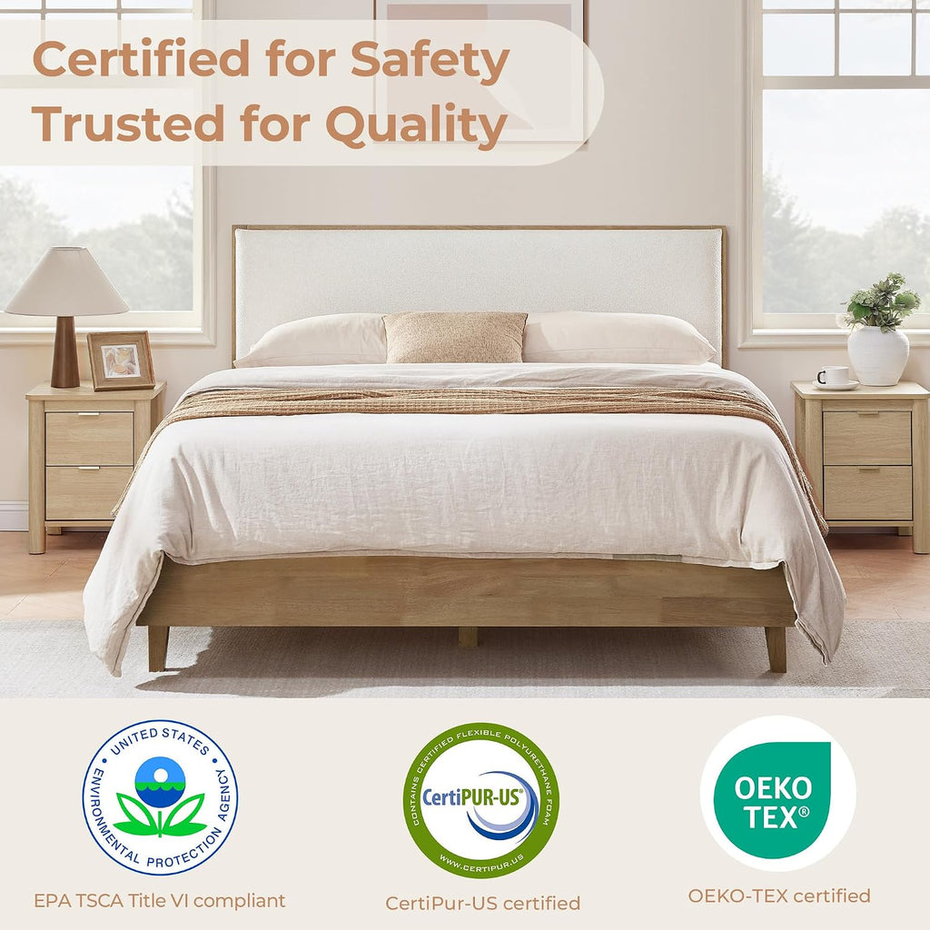 Queen Size Platform Bed Frame, with Boucle Upholstered Headboard, Oak
