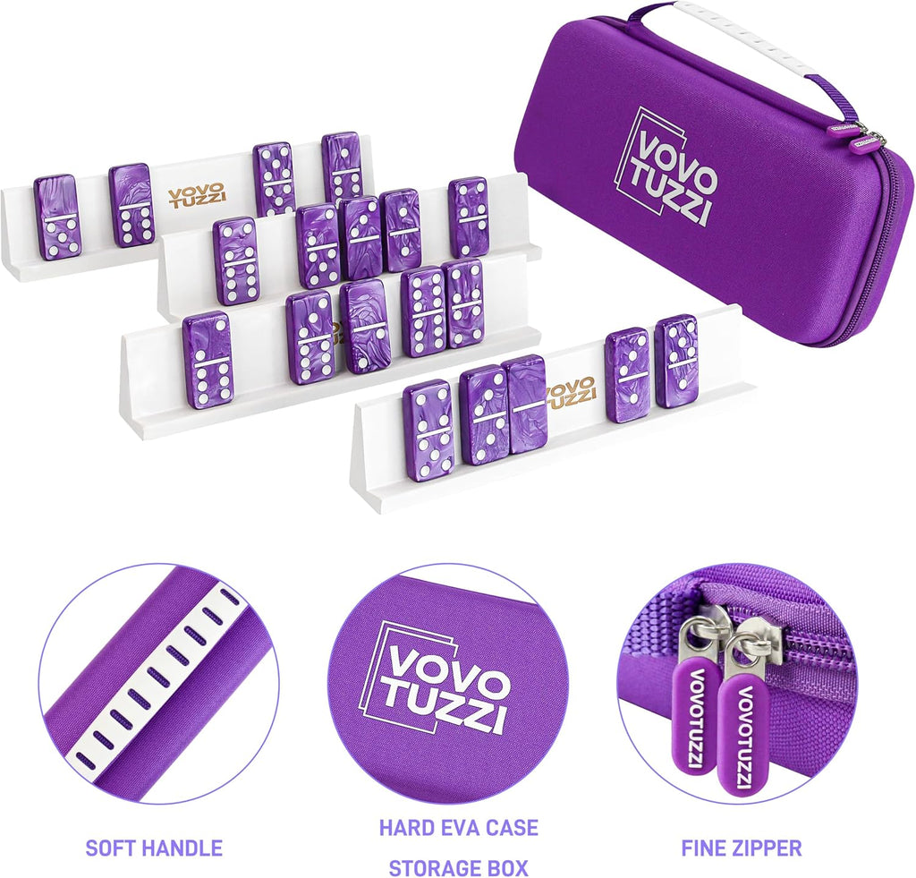 Dominos Set for Adults, Double 6 Dominoes Set with 4 Domino Wooden Racks, Marble Purple Dominos for Kids and Adults