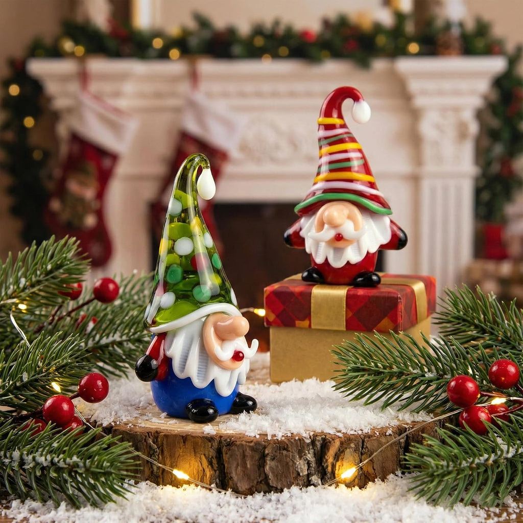 Hand-Blown Glass Gnome Figurine, 2.76" Miniature Tomte Art Sculpture, Whimsical Shelf Sitter, Holiday Collectible - Set of 4