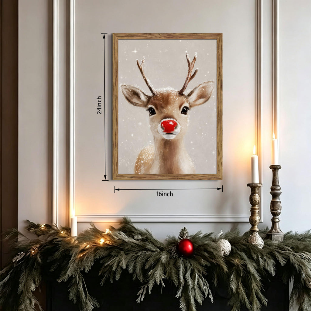 Vintage Christmas Wall Art, Farmhouse Red Nose Reindeer Canvas Wall Decor Painting, Rustic Winter Cute Deer Artwork