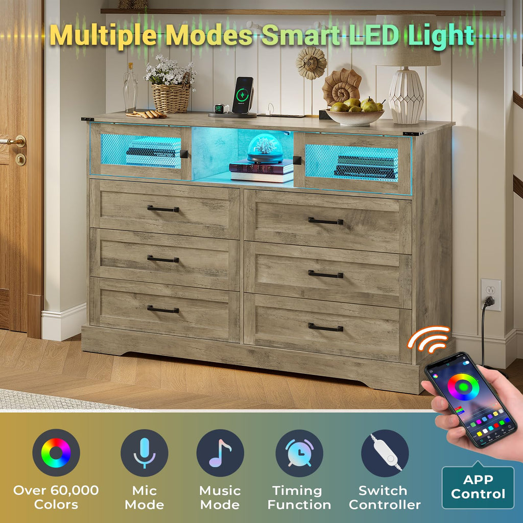 6 Drawer Dresser with LED Lights and Charging Station, Farmhouse Chest of Drawers Closet Organizer, Clothes Storage