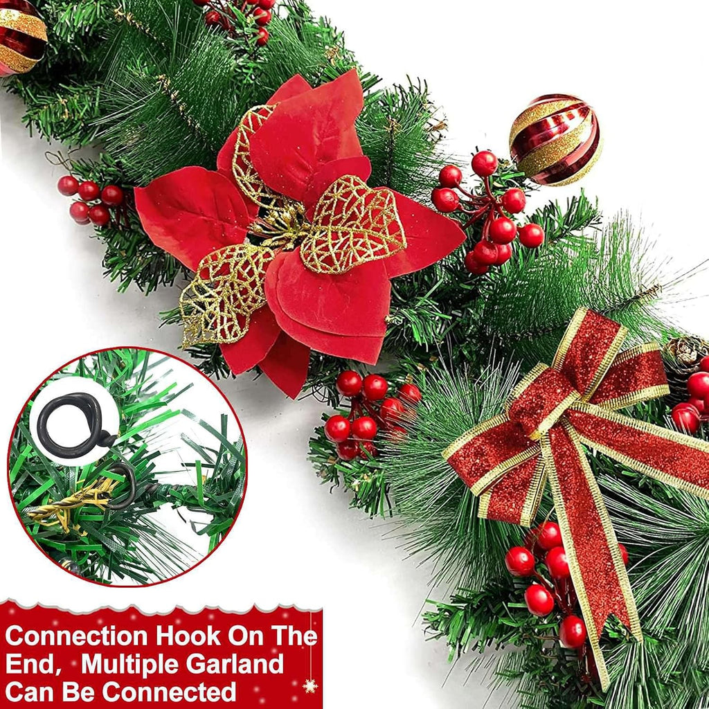 Total 18 Ft Long Prelit Christmas Garland 100 Warm White LED Lights 8 Modes Timer 270 Thick Branch Tips Pinecones Red