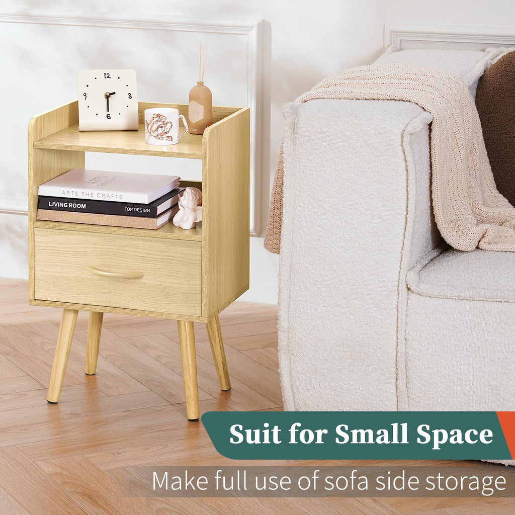 Modern Nightstand with Fabric Drawer, Bedside Tables, Mid Century Nightstand with Open Storage Shelf, Wood Bedside