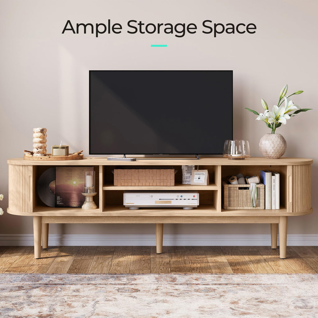 70" Fluted TV Stand for TVs up to 80 Inch, Mid Century Modern Entertainment Center with Storage Cabinet and Sliding