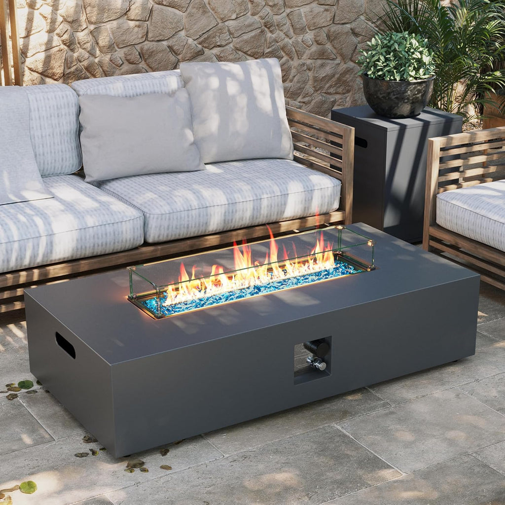 56-inch Outdoor Propane Gas Fire Pit Table 50000 BTU Iron Rectangle Firepit for Outside Patio with Tank Hidden Table