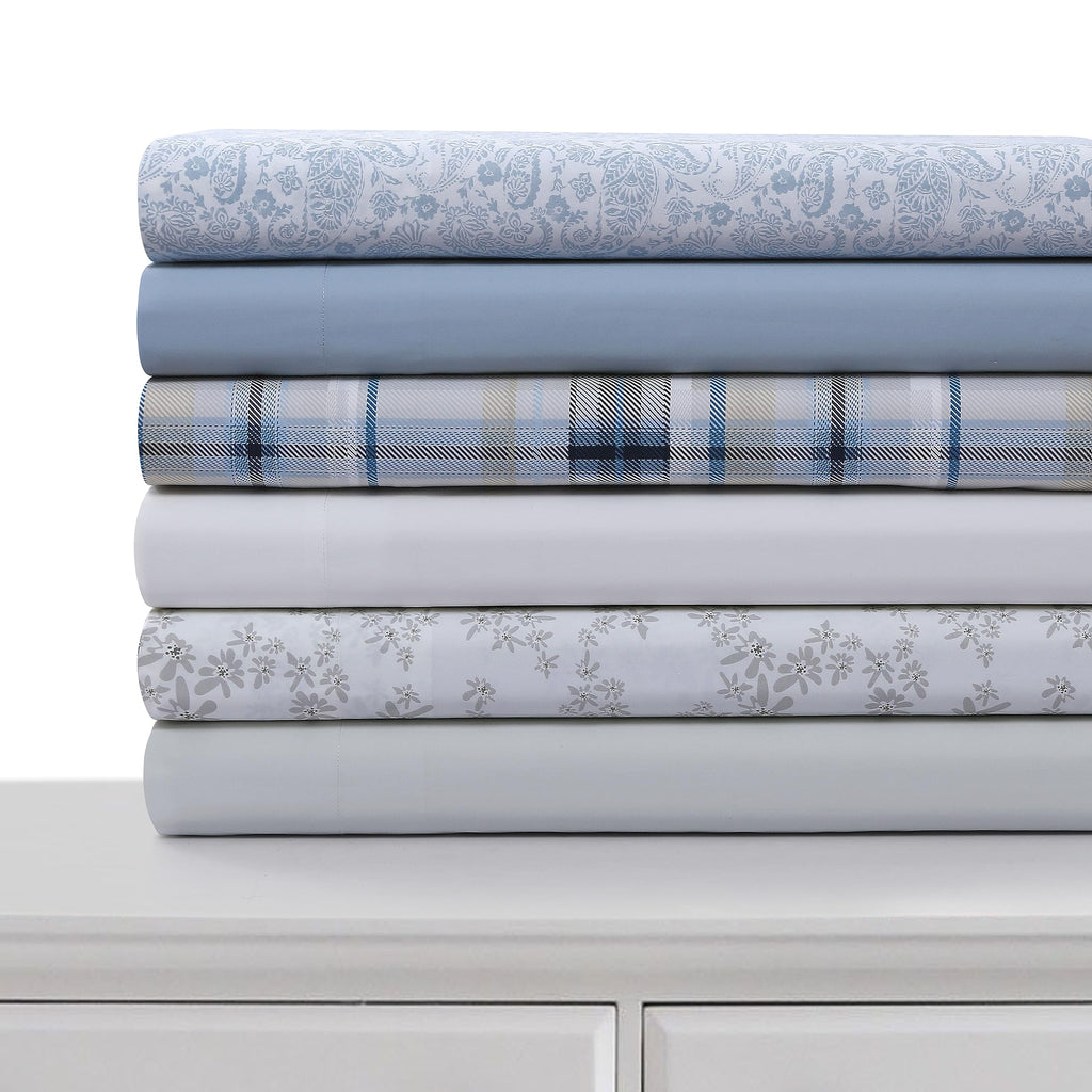Cotton Percale Twin Bed Sheet Set, Danielle Paisley Blue