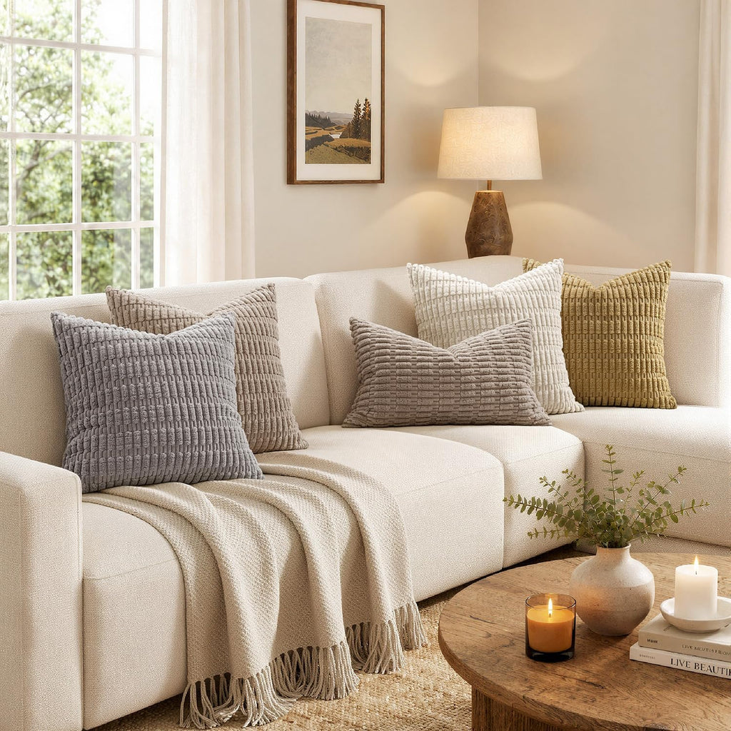 Pack of 2 Corduroy Decorative Throw Pillow Covers 18x18 Inch Soft Boho Striped Pillow Covers Modern Farmhouse Home Decor