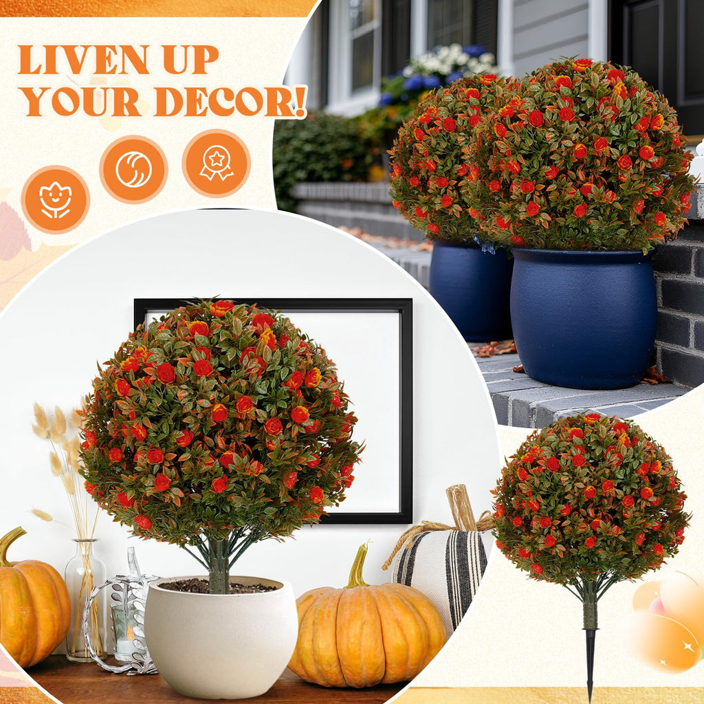 2 Pack 24" Artificial Topiary Ball Plant Trees Outdoor, Orange, Rose