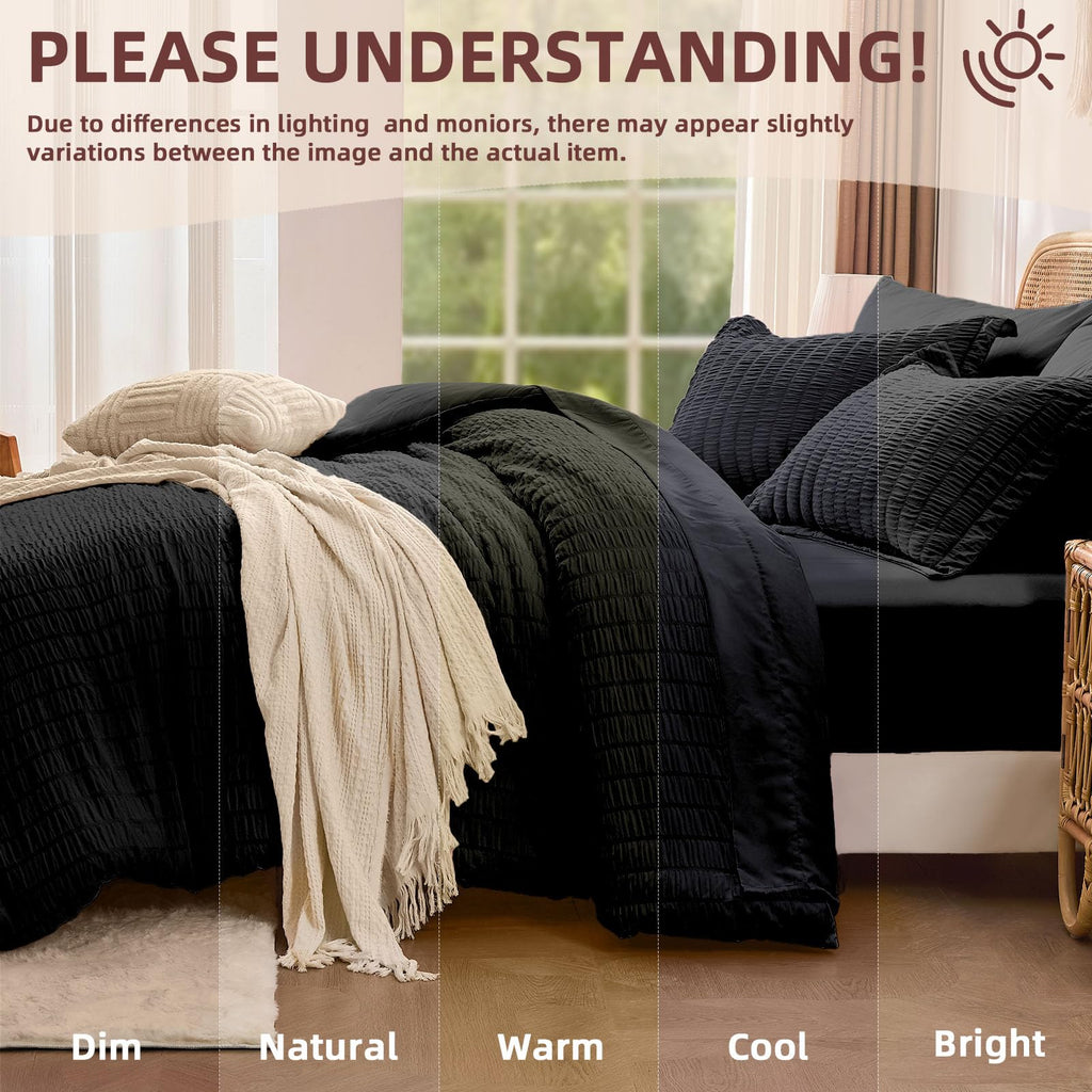 Black Comforter Sets with Sheets, 7 Pcs Seersucker Bed Set