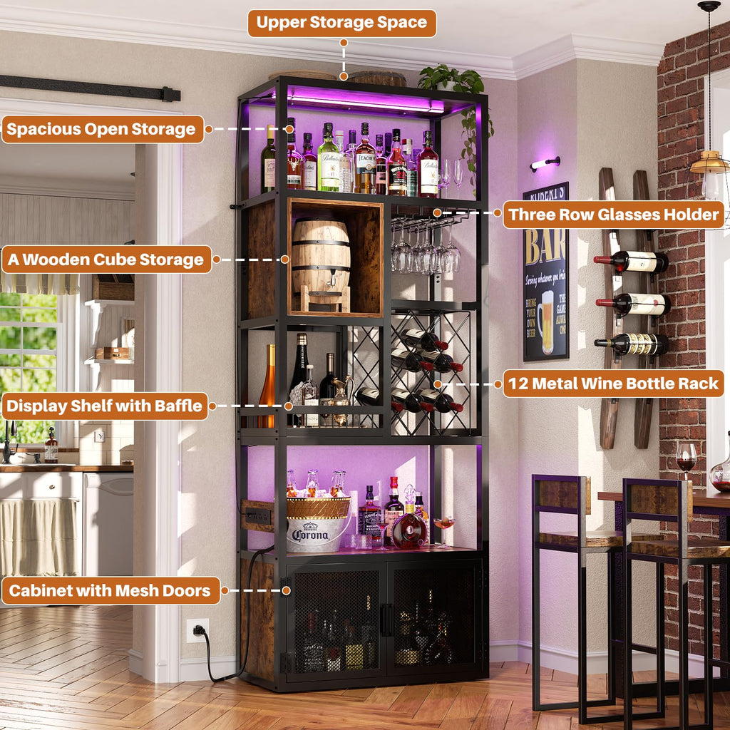 82.6" Tall Bar Cabinet with Power Outlets & LED Lights, Liquor Cabinet Bar, Reversible Coffee Station Wine Cabinet