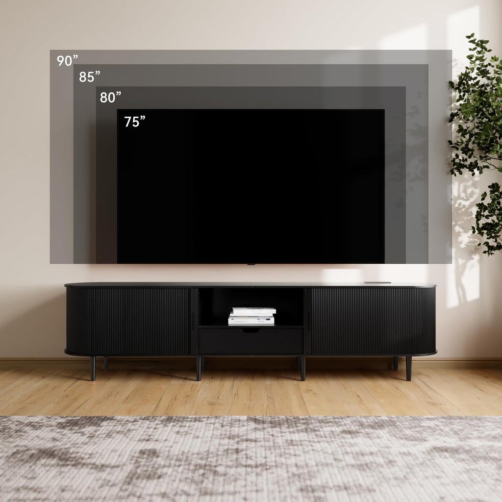 86.6" Fluted TV Stand with Power Outlet for TVs up to 90", TV Console with Adjustable Shelves and Sliding Door, Mid