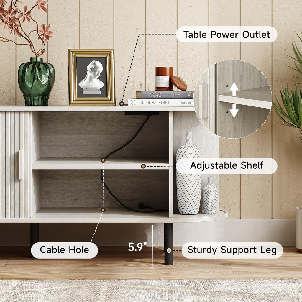 55" TV Stand with Power Outlet & Storage for TVs 60", Natural White