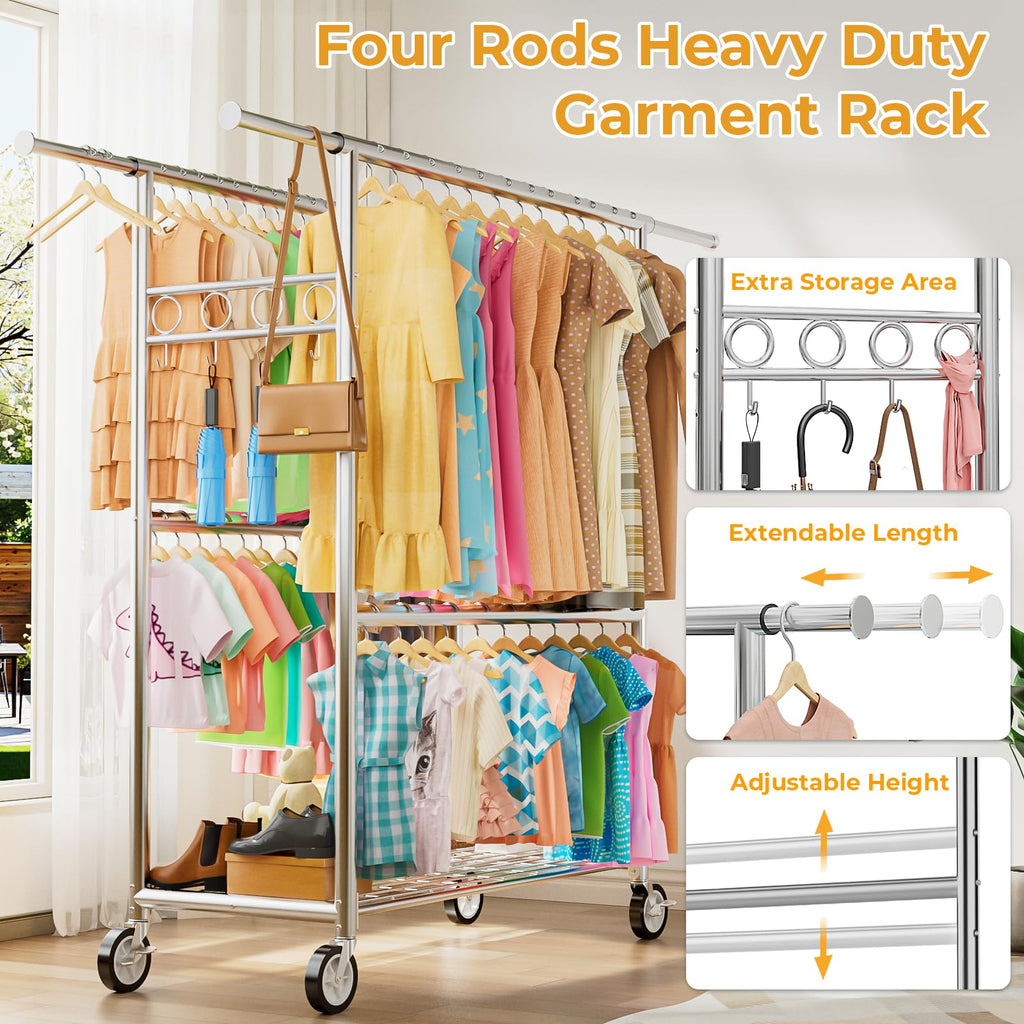Heavy Duty Clothes Rack Load 1060LBS, Four Rods Rolling Clothing Racks for Hanging Clothes, Rolling Garment Rack With